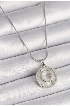 316L Çelik Gümüş Renk Zincir Zirkon Taş Detaylı Beyaz Sedefli Ay Yıldız İşleme Kadın Kolye