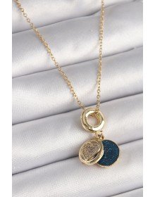 316L Çelik Gold Renk Zincir Zirkon Taşlı Kalp Model Mavi Simli Kadın Kolye