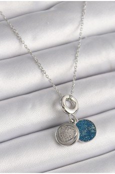 316L Çelik Gümüş Renk Zincir Zirkon Taşlı İşleme Mavi Simli Kadın Kolye