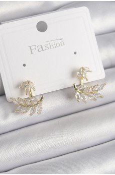 Pirinç Gold Renk Zirkon Taşlı Yaprak Model Kadın Küpe