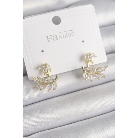 Pirinç Gold Renk Zirkon Taşlı Yaprak Model Kadın Küpe Pirinç Gold Renk Zirkon Taşlı Yaprak Model Kadın Küpe