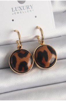 Pirinç Gold Renk Leopar Desenli Daire Model Kadın Küpe
