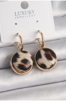 Pirinç Gold Renk Leopar Desenli Daire Model Kadın Küpe
