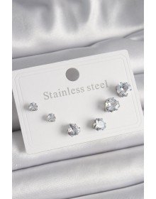 316L Çelik Gümüş Renk Zirkon Taşlı Kalp Model Kadın Küpe Seti