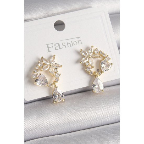 Pirinç Gold Renk Zirkon Taşlı Çiçek Model Sallantı Damla Detay Kadın Küpe