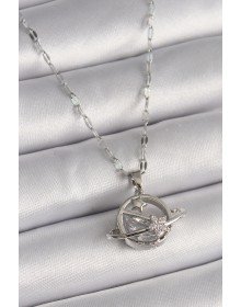 316L Çelik Gümüş Renk Zincir Zirkon Taşlı Yıldız Detay Gezegen Model Kadın Kolye