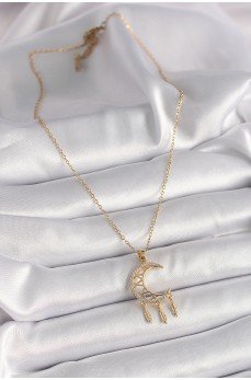 316L Çelik Gold Renk Zincir Zirkon Taşlı Hilal Model Sallantı Yaprak Detay Kadın Kolye