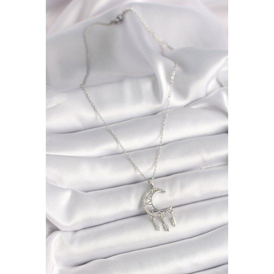 316L Çelik Gümüş Renk Zincir Zirkon Taşlı Hilal Model Sallantı Yaprak Detay Kadın Kolye 316L Çelik Gümüş Renk Zincir Zirkon Taşlı Hilal Model Sallantı Yaprak Detay Kadın Kolye