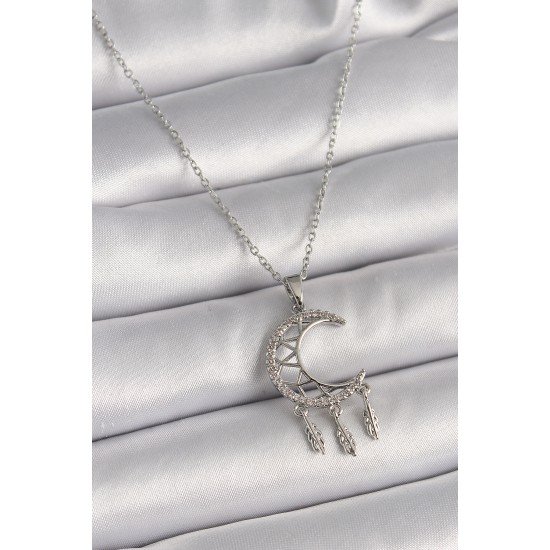 316L Çelik Gümüş Renk Zincir Zirkon Taşlı Hilal Model Sallantı Yaprak Detay Kadın Kolye 316L Çelik Gümüş Renk Zincir Zirkon Taşlı Hilal Model Sallantı Yaprak Detay Kadın Kolye