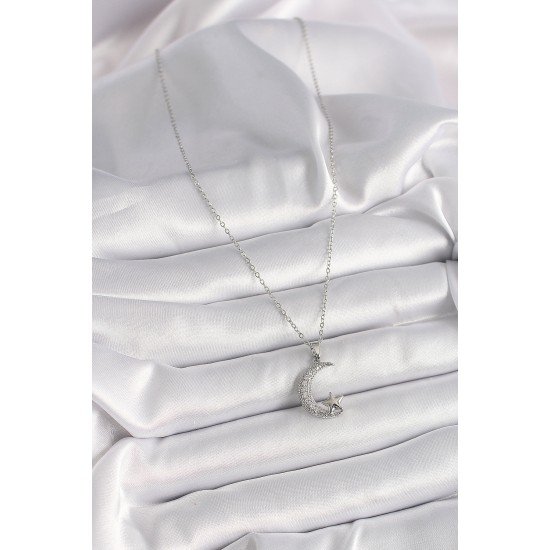 316L Çelik Gümüş Renk Zincir Zirkon Taşlı Hilal Model Yıldız Detay Kadın Kolye 316L Çelik Gümüş Renk Zincir Zirkon Taşlı Hilal Model Yıldız Detay Kadın Kolye