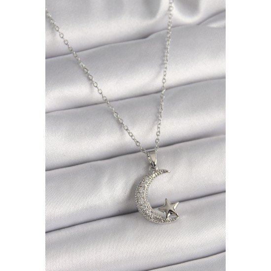 316L Çelik Gümüş Renk Zincir Zirkon Taşlı Hilal Model Yıldız Detay Kadın Kolye 316L Çelik Gümüş Renk Zincir Zirkon Taşlı Hilal Model Yıldız Detay Kadın Kolye