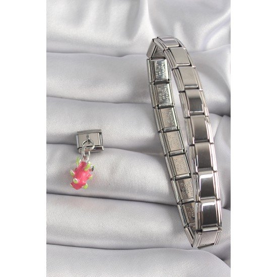 316L Çelik Gümüş Renk Sallantı Ejder Meyvesi Model Nomination Charm