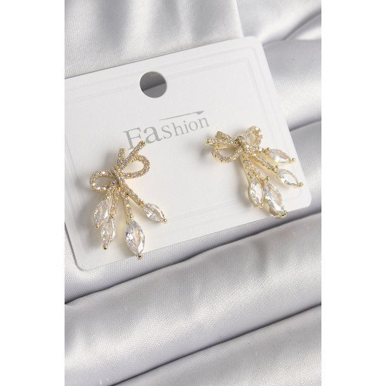 Pirinç Gold Renk Zirkon Taşlı Düğüm Model Damla Zirkon Taşlı Kadın Küpe