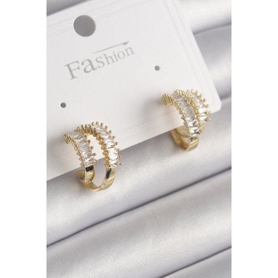 Pirinç Gold Renk 2'Li Zirkon Taşlı Halka Model Kadın Küpe Pirinç Gold Renk 2'Li Zirkon Taşlı Halka Model Kadın Küpe