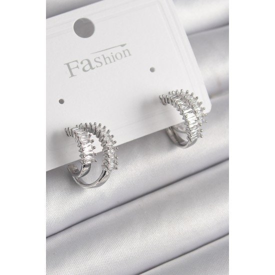 Pirinç Gümüş Renk 2'Li Zirkon Taşlı Halka Model Kadın Küpe