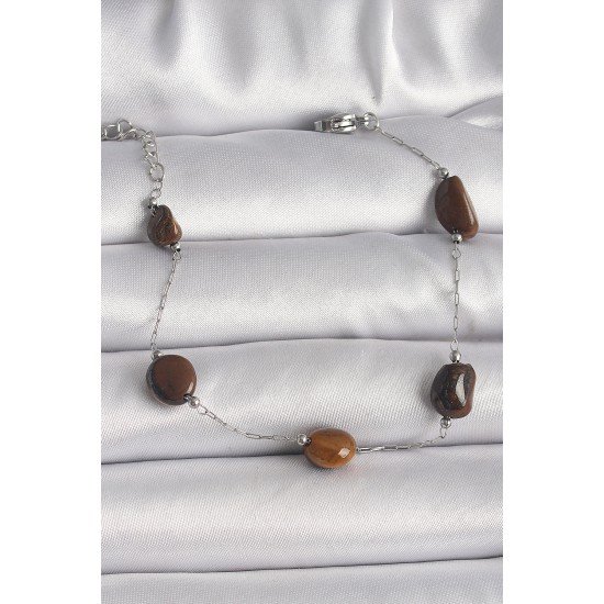 316L Çelik Gümüş Renk Zincir Kahverengi Doğaltaş Model Kadın Bileklik