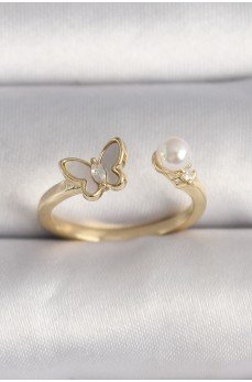 Pirinç Gold Renk Zirkon Taş Detaylı Beyaz Mineli Kelebek Model İnci Detay Ayarlanabilir Yüzük Pirinç Gold Renk Zirkon Taş Detaylı Beyaz Mineli Kelebek Model İnci Detay Ayarlanabilir Yüzük