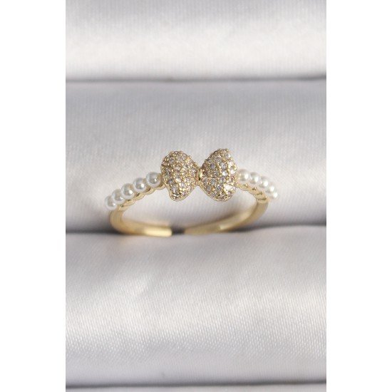 Pirinç Gold Renk Zirkon Taşlı Fiyonk İnci Detay Ayarlanabilir Yüzük Pirinç Gold Renk Zirkon Taşlı Fiyonk İnci Detay Ayarlanabilir Yüzük