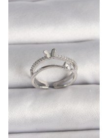 Pirinç Gümüş Renk Zirkon Taşlı Kelebek Figürlü Ayarlanabilir Yüzük