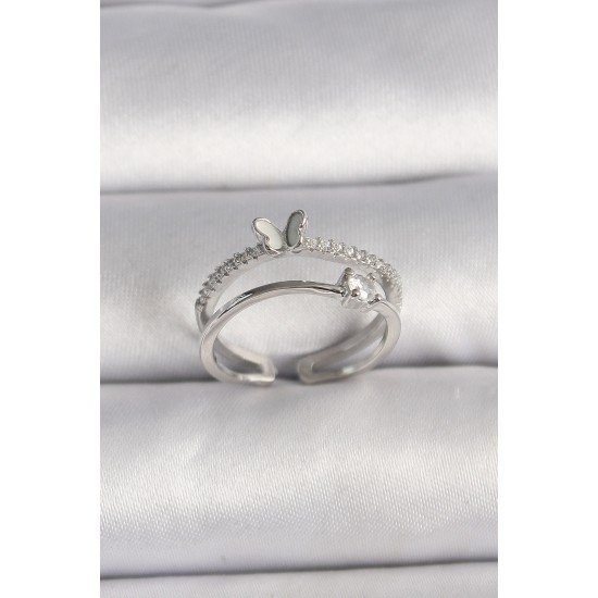 Pirinç Gümüş Renk Zirkon Taşlı Kelebek Figürlü Ayarlanabilir Yüzük Pirinç Gümüş Renk Zirkon Taşlı Kelebek Figürlü Ayarlanabilir Yüzük