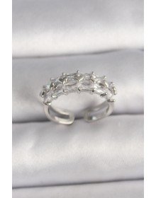 Pirinç Gümüş Renk Zirkon Taşlı Ayarlanabilir Yüzük