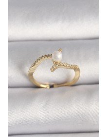 Pirinç Gold Renk Zirkon Taşlı İncili Ayarlanabilir Yüzük