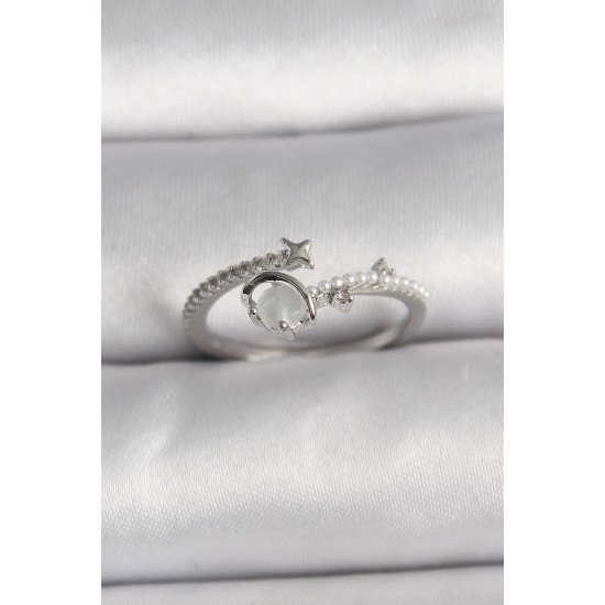 Pirinç Gümüş Renk Zirkon Taşlı Beyaz Mineli Yıldız Detay Ayarlanabilir Kadın Yüzük Pirinç Gümüş Renk Zirkon Taşlı Beyaz Mineli Yıldız Detay Ayarlanabilir Kadın Yüzük