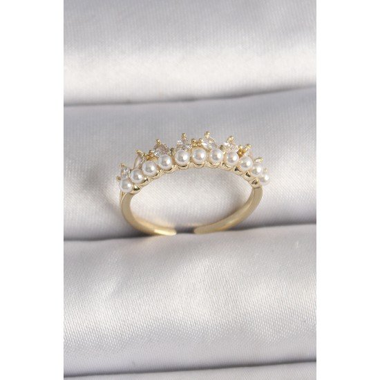 Pirinç Gold Renk Zirkon Taşlı İncili Taç Model Ayarlanabilir Kadın Yüzük Pirinç Gold Renk Zirkon Taşlı İncili Taç Model Ayarlanabilir Kadın Yüzük