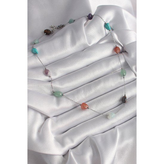 316L Çelik Gümüş Renk Zincir Renkli Doğaltaş Model Kadın Kolye 316L Çelik Gümüş Renk Zincir Renkli Doğaltaş Model Kadın Kolye