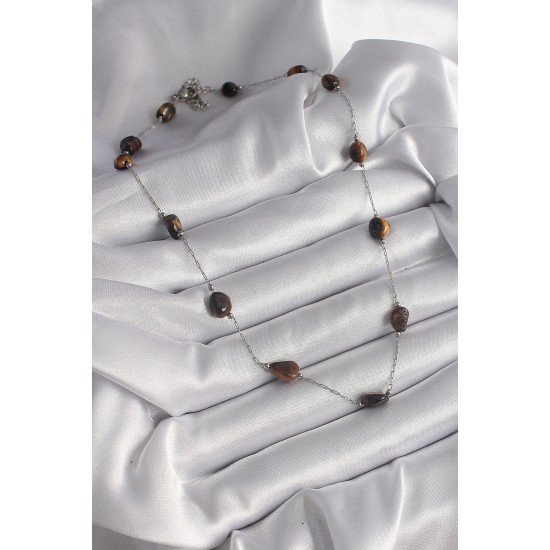 316L Çelik Gümüş Renk Zincir Kahverengi Doğaltaş Model Kadın Kolye 316L Çelik Gümüş Renk Zincir Kahverengi Doğaltaş Model Kadın Kolye