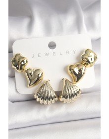 Gold Renk Yonca Kalp Deniz Kabuğu Figür CCB Kadın Küpe Seti