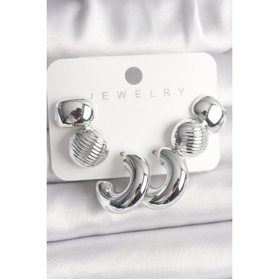 Gümüş Renk İşlemeli Daire Halka Model CCB Platik Kadın Küpe Seti Gümüş Renk İşlemeli Daire Halka Model CCB Platik Kadın Küpe Seti