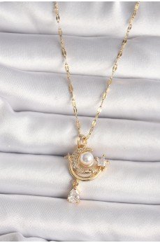 316L Gold Renk Zirkon Taşlı Ay Yıldız Model Sallantı Detay Kadın Kolye