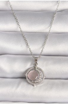 316L Çelik Gümüş Renk Zirkon Taşlı Pembe Sedefli Hilal Model Kadın Kolye