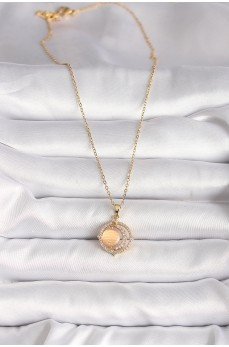 316L Çelik Gold Renk Zirkon Taşlı Turuncu Sedefli Hilal Model Kadın Kolye