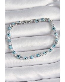 Pirinç Gümüş Renk Su Yolu Zirkon Taşlı Nazar Boncuklu Kadın Bileklik