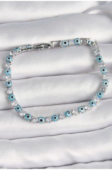 Pirinç Gümüş Renk Su Yolu Zirkon Taşlı Nazar Boncuklu Kadın Bileklik Pirinç Gümüş Renk Su Yolu Zirkon Taşlı Nazar Boncuklu Kadın Bileklik