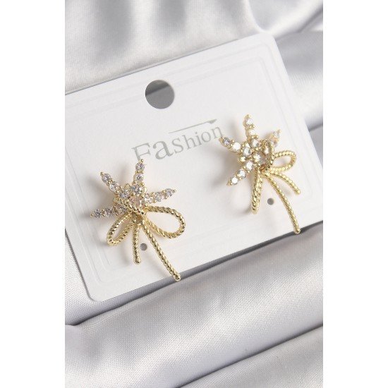 Pirinç Gold Renk Zirkon Taşlı Yıldız Düğüm Model Kadın Küpe