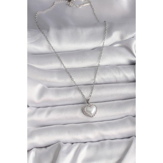 316L Çelik Gümüş Renk Zincir 3D İnci Kalp Model Kadın Kolye