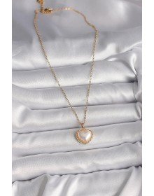 316L Çelik Gold Renk Zincir 3D İnci Kalp Model Kadın Kolye