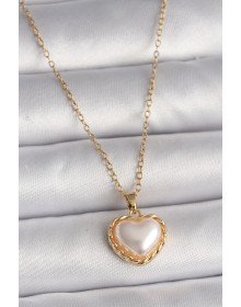 316L Çelik Gold Renk Zincir 3D İnci Kalp Model Kadın Kolye