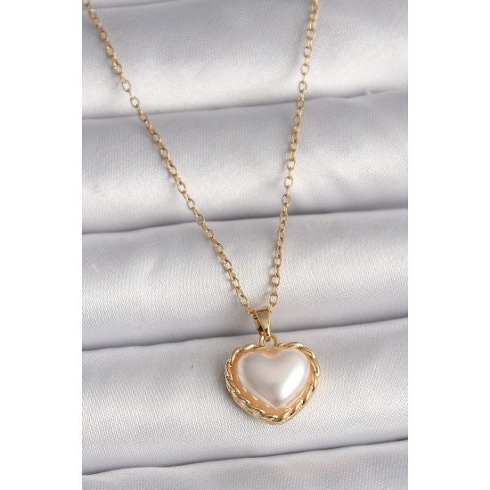 316L Çelik Gold Renk Zincir 3D İnci Kalp Model Kadın Kolye 316L Çelik Gold Renk Zincir 3D İnci Kalp Model Kadın Kolye