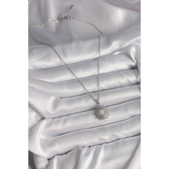 316L Çelik Gümüş Renk Zincir Beyaz Mineli Güneş Model Kadın Kolye 316L Çelik Gümüş Renk Zincir Beyaz Mineli Güneş Model Kadın Kolye