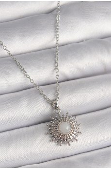316L Çelik Gümüş Renk Zincir Beyaz Mineli Güneş Model Kadın Kolye