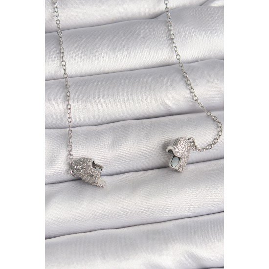 316L Çelik Gümüş Renk Zirkon Taşlı Mıknatıslı Kalp Model Kadın Kolye