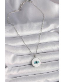 316L Çelik Gümüş Renk Zincir Beyaz Mineli Turkuaz Göz İşleme Model Kadın Kolye