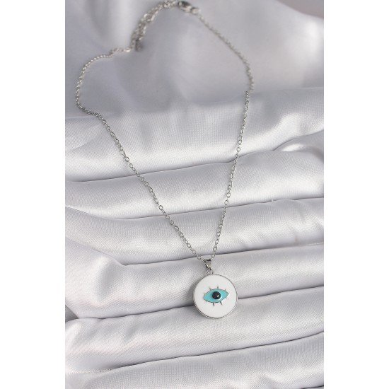 316L Çelik Gümüş Renk Zincir Beyaz Mineli Turkuaz Göz İşleme Model Kadın Kolye 316L Çelik Gümüş Renk Zincir Beyaz Mineli Turkuaz Göz İşleme Model Kadın Kolye
