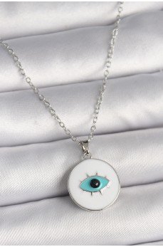 316L Çelik Gümüş Renk Zincir Beyaz Mineli Turkuaz Göz İşleme Model Kadın Kolye