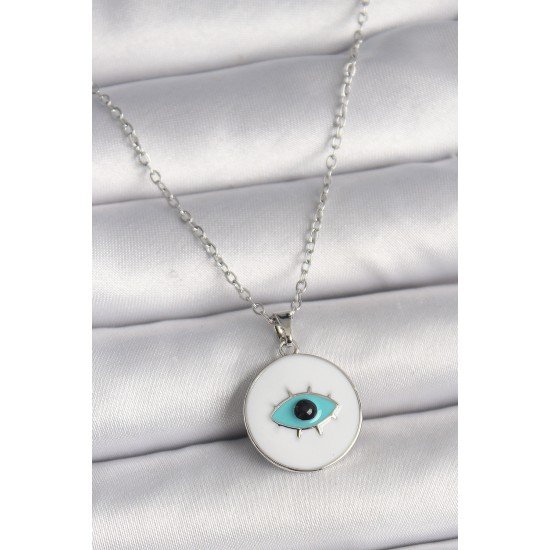 316L Çelik Gümüş Renk Zincir Beyaz Mineli Turkuaz Göz İşleme Model Kadın Kolye 316L Çelik Gümüş Renk Zincir Beyaz Mineli Turkuaz Göz İşleme Model Kadın Kolye