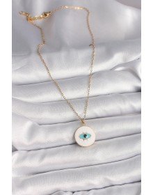 316L Çelik Gold Renk Zincir Beyaz Mineli Turkuaz Göz İşleme Model Kadın Kolye
